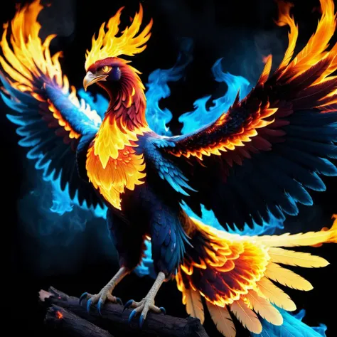 (half blue) half flaming phoenix,<lora:Phoenix:0.68>,terrifying glowing eyes,flaming wings,<lora:phoenix:0.68>,