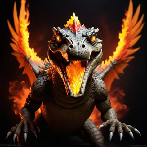 (half crocodile) half flaming phoenix,<lora:Phoenix:0.68>,terrifying glowing eyes,flaming wings,
