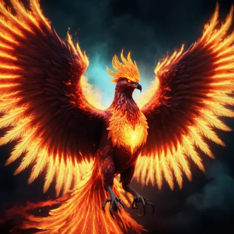 flaming phoenix,<lora:Phoenix:0.68>,terrifying glowing eyes,majestic wings,