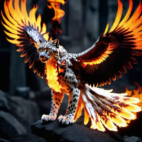 (half snow leopard) half flaming phoenix,<lora:Phoenix:0.68>,terrifying glowing eyes,flaming wings,<lora:phoenix:0.68>,