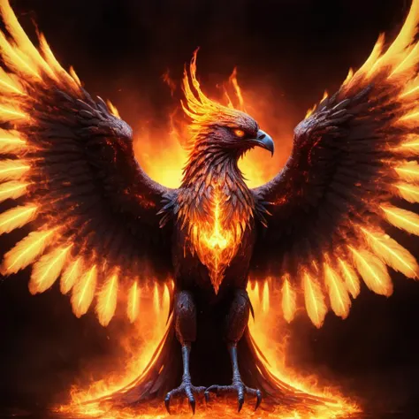 immolation phoenix,<lora:Phoenix:0.68>,terrifying glowing eyes,majestic wings,
