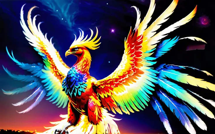 wide angle cinematic shot of a majestic (fireless ethereal phoenix) gracefully soaring through a starlit sky,its wings ablaze with vibrant colors,as it releases a burst of healing energy that rejuvenates a withered tree below,<lora:Phoenix:0.9>,((iridescent shimmering speckled feathers)),SimplePositiveXLv2,intricately detailed feather tips,((radiating ethereal energy)),blue hour sunset background