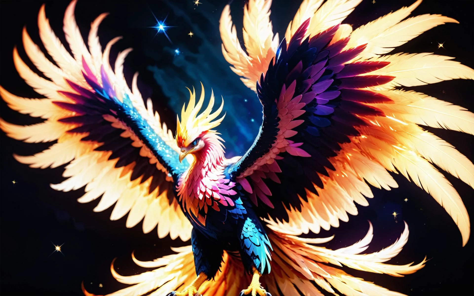 sharp talons,wide angle cinematic shot of a majestic (fireless ethereal phoenix) gracefully soaring through a starlit sky,its wings ablaze with vibrant colors,as it releases a burst of healing energy that rejuvenates a withered tree below,<lora:Phoenix:0.9>,((iridescent shimmering speckled feathers)),SimplePositiveXLv2,intricately detailed feather tips,((radiating ethereal energy)),blue hour sunset background,