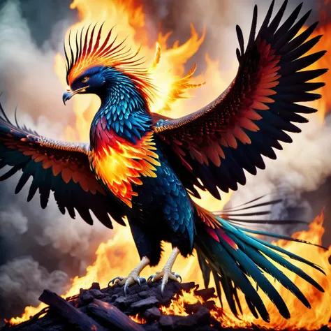 masterpiece photo of a phoenix in battle,A piercing melodic cry echoed through the battlefield with each attack of its talons,blend of celestial notes and roaring flames,<lora:Phoenix:1>,