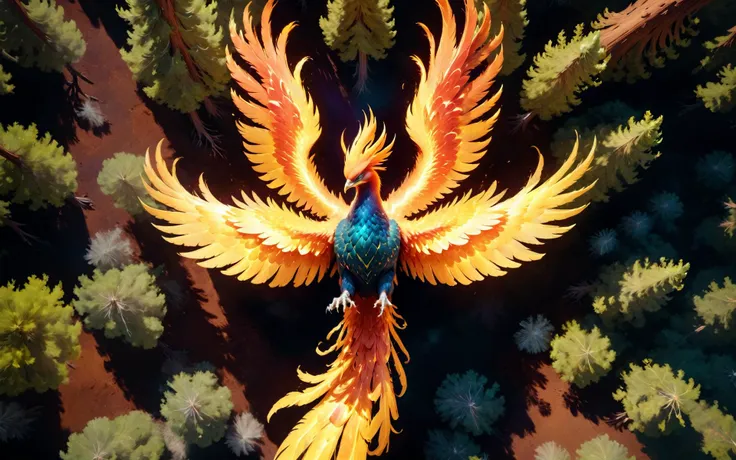 Overhead Cinematic still,drone camera,of (fireless ethereal phoenix) ,view from above, top down view, soaring over serene fantasy ancient sequoia redwood . It glows gently with its heat as it looks out across its terrain. top down satellite view,<lora:Phoenix:0.9>,((iridescent shimmering speckled feathers)),