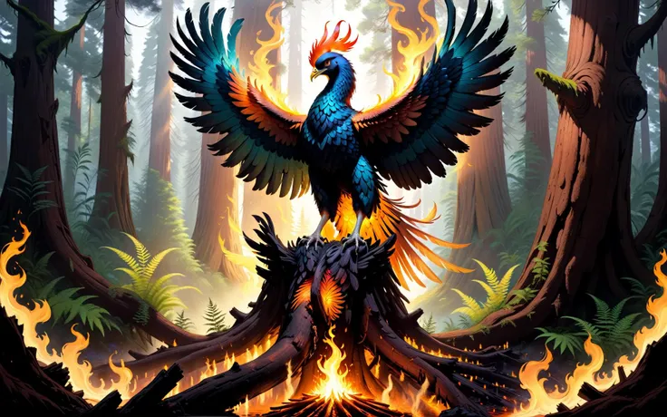 Wide angle cinematic still. ((In the style of golden ratio)). In the middle of a serene fantasy ancient sequoia redwood grove is a smoking glowing embers tree stump partially charcoal texture. On one of its long branches perched a [[flaming ethereal]] majestic phoenix. It glows gently with its heat as it looks out across its terrain. A small brook with ferns is nearby with small woodland creatures. The Tyndall effect is visible in the fog that fills the scene.,<lora:Phoenix:0.8>,((iridescent shimmering speckled feathers)),