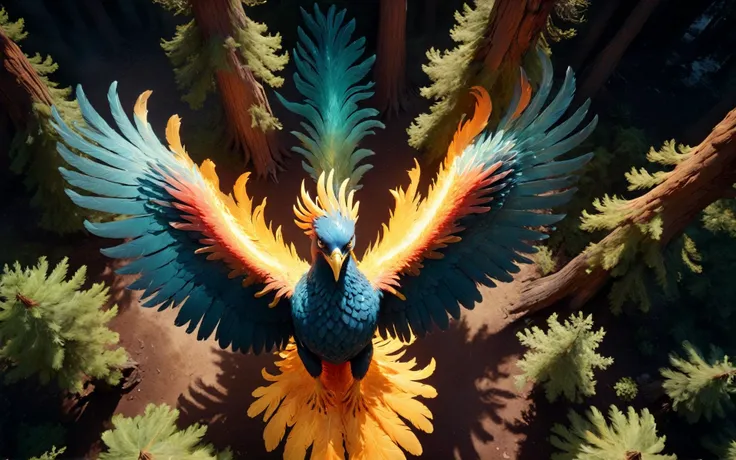 Overhead Cinematic still,drone camera,of (fireless ethereal phoenix) ,view from above, top down view, soaring over serene fantasy ancient sequoia redwood . It glows gently with its heat as it looks out across its terrain. top down satellite view,<lora:Phoenix:0.9>,((iridescent shimmering speckled feathers)),