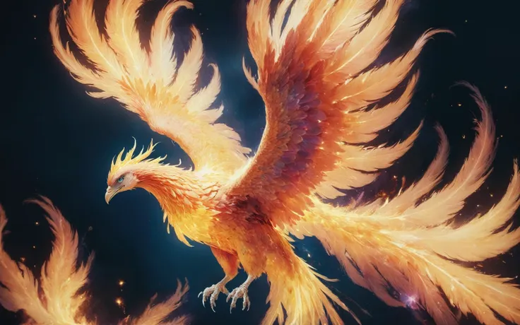 sharp talons,wide angle cinematic shot of a majestic (fireless ethereal phoenix) gracefully soaring through a starlit sky,its wings ablaze with vibrant colors,as it releases a burst of healing energy that rejuvenates a withered tree below,<lora:Phoenix:0.9>,((iridescent shimmering speckled feathers)),SimplePositiveXLv2,intricately detailed feather tips,((radiating ethereal energy)),blue hour sunset background,