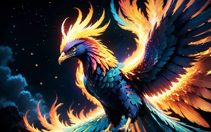 wide angle cinematic shot of a majestic (fireless ethereal phoenix) gracefully soaring through a starlit sky,its wings ablaze with vibrant colors,as it releases a burst of healing energy that rejuvenates a withered tree below,<lora:Phoenix:0.9>,((iridescent shimmering speckled feathers)),SimplePositiveXLv2,intricately detailed feather tips,((radiating ethereal energy)),blue hour sunset background