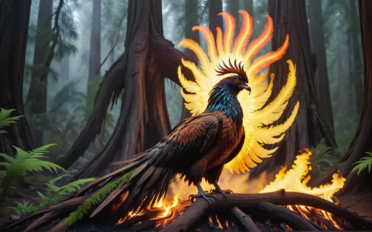 Wide angle cinematic still. ((In the style of golden ratio)). In the middle of a serene fantasy ancient sequoia redwood grove is a smoking glowing embers tree stump partially charcoal texture. On one of its long branches perched a [[flaming ethereal]] majestic phoenix. It glows gently with its heat as it looks out across its terrain. A small brook with ferns is nearby with small woodland creatures. The Tyndall effect is visible in the fog that fills the scene.,<lora:Phoenix:0.8>,((iridescent shimmering speckled feathers)),