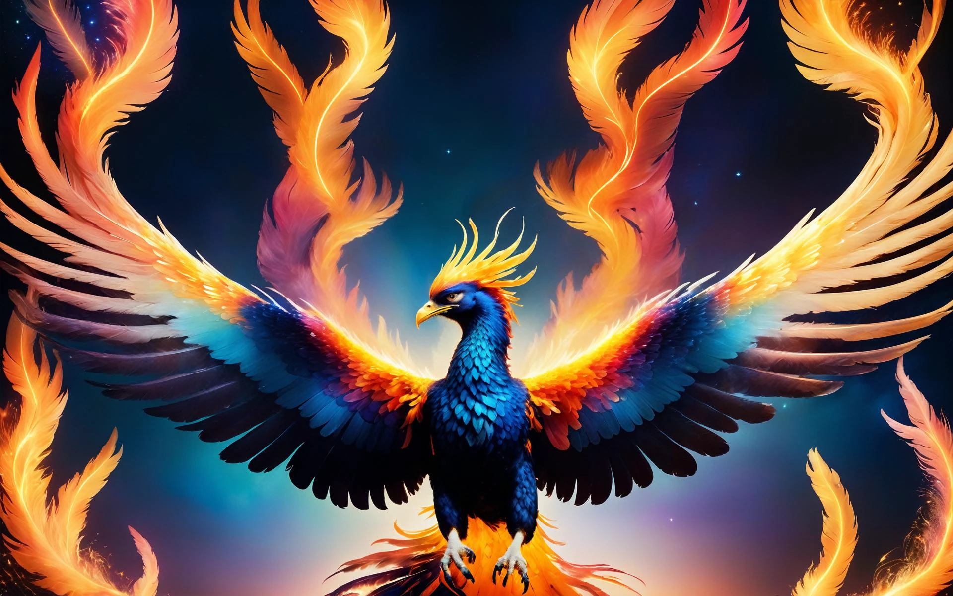 wide angle cinematic shot of a majestic (fireless ethereal phoenix) gracefully soaring through a starlit sky,its wings ablaze with vibrant colors,as it releases a burst of healing energy that rejuvenates a withered tree below,<lora:Phoenix:0.9>,((iridescent shimmering speckled feathers)),SimplePositiveXLv2,intricately detailed feather tips,((radiating ethereal energy)),blue hour sunset background