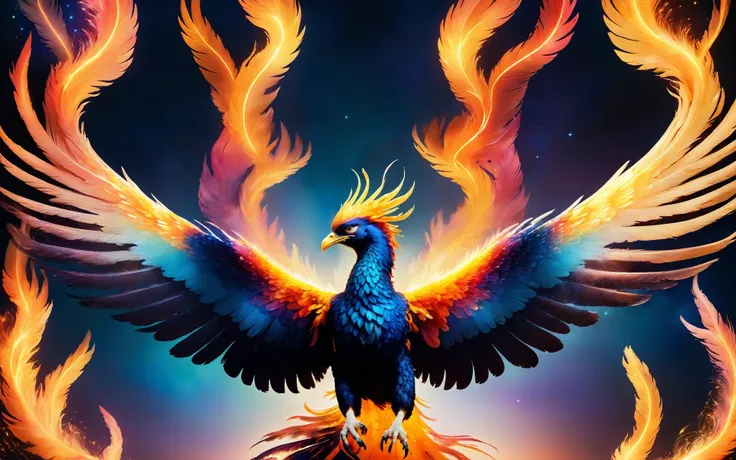 wide angle cinematic shot of a majestic (fireless ethereal phoenix) gracefully soaring through a starlit sky,its wings ablaze with vibrant colors,as it releases a burst of healing energy that rejuvenates a withered tree below,<lora:Phoenix:0.9>,((iridescent shimmering speckled feathers)),SimplePositiveXLv2,intricately detailed feather tips,((radiating ethereal energy)),blue hour sunset background