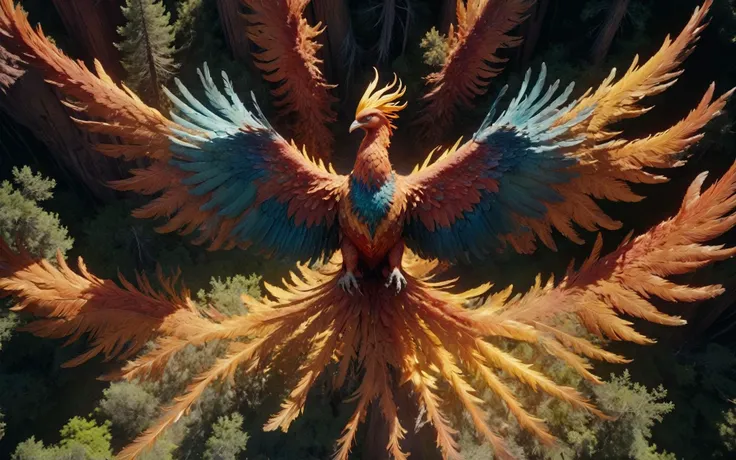 Overhead Cinematic still,drone camera,of (fireless ethereal phoenix) ,view from above, top down view, soaring over serene fantasy ancient sequoia redwood . It glows gently with its heat as it looks out across its terrain. top down satellite view,<lora:Phoenix:0.9>,((iridescent shimmering speckled feathers)),