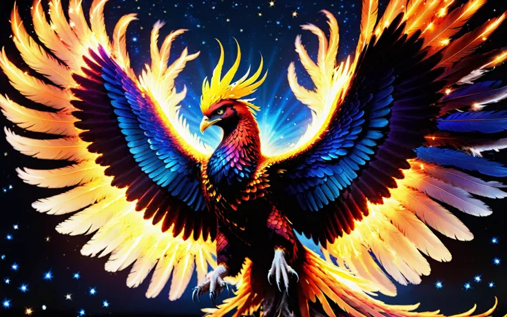 wide angle cinematic shot of a majestic (fireless ethereal phoenix) gracefully soaring through a starlit sky,its wings ablaze with vibrant colors,as it releases a burst of healing energy that rejuvenates a withered tree below,<lora:Phoenix:0.9>,((iridescent shimmering speckled feathers)),SimplePositiveXLv2,intricately detailed feather tips,((radiating ethereal energy)),blue hour sunset background,