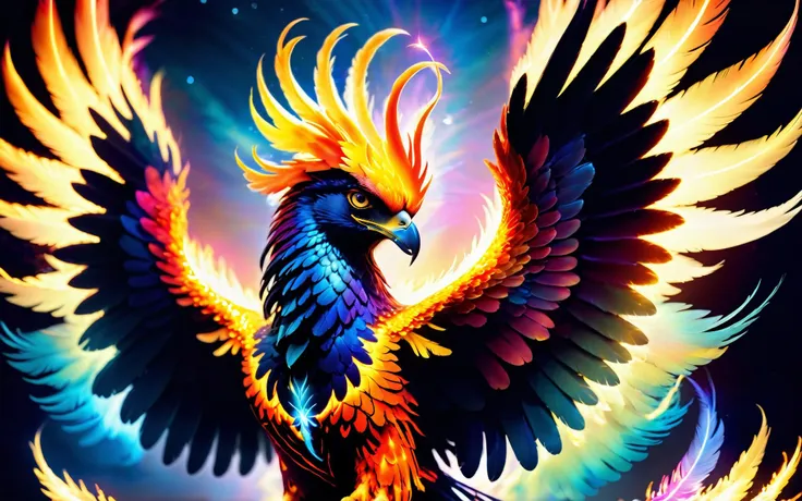 wide angle cinematic shot of a majestic (fireless ethereal phoenix) gracefully soaring through a starlit sky,its wings ablaze with vibrant colors,as it releases a burst of healing energy that rejuvenates a withered tree below,<lora:Phoenix:0.9>,((iridescent shimmering speckled feathers)),SimplePositiveXLv2,intricately detailed feather tips,((radiating ethereal energy)),blue hour sunset background