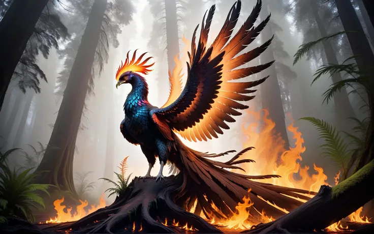 Wide angle cinematic still. ((In the style of golden ratio)). In the middle of a serene fantasy redwood grove is a smoking glowing embers tree stump partially charcoal texture. On one of its long branches perched a [[flaming ethereal]] majestic phoenix. It glows gently with its heat as it looks out across its terrain. A small brook with ferns is nearby with small woodland creatures. The Tyndall effect is visible in the fog that fills the scene.,<lora:Phoenix:0.8>,((iridescent shimmering speckled feathers)),