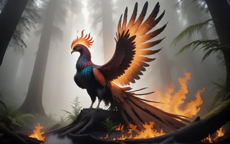 Wide angle cinematic still. ((In the style of golden ratio)). In the middle of a serene fantasy redwood grove is a smoking glowing embers tree stump partially charcoal texture. On one of its long branches perched a [[flaming ethereal]] majestic phoenix. It glows gently with its heat as it looks out across its terrain. A small brook with ferns is nearby with small woodland creatures. The Tyndall effect is visible in the fog that fills the scene.,<lora:Phoenix:0.8>,((iridescent shimmering speckled feathers)),