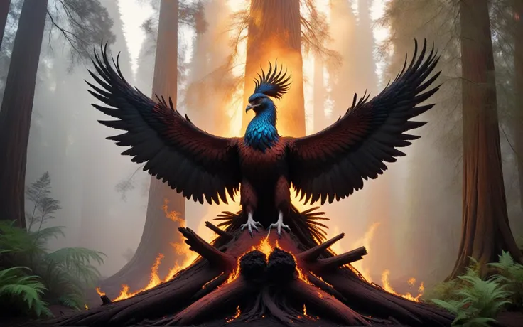 Wide angle cinematic still. ((In the style of golden ratio)). In the middle of a serene fantasy ancient sequoia redwood grove is a smoking glowing embers tree stump partially charcoal texture. On one of its long branches perched a [[flaming ethereal]] majestic phoenix. It glows gently with its heat as it looks out across its terrain. A small brook with ferns is nearby with small woodland creatures. The Tyndall effect is visible in the fog that fills the scene.,<lora:Phoenix:0.8>,((iridescent shimmering speckled feathers)),