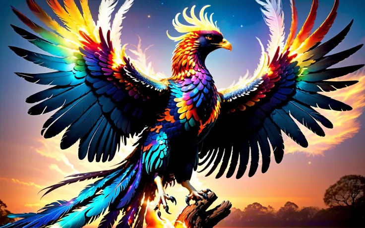 wide angle cinematic shot of a majestic (fireless ethereal phoenix) gracefully soaring through a starlit sky,its wings ablaze with vibrant colors,as it releases a burst of healing energy that rejuvenates a withered tree below,<lora:Phoenix:0.9>,((iridescent shimmering speckled feathers)),SimplePositiveXLv2,intricately detailed feather tips,((radiating ethereal energy)),blue hour sunset background