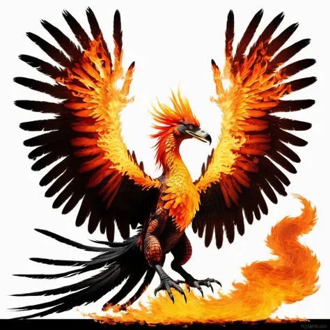 (half crocodile) half flaming phoenix, hybrid animal, flaming wings, <lora:Phoenix:0.62>