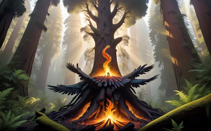 Wide angle cinematic still. ((In the style of golden ratio)). In the middle of a serene fantasy ancient sequoia redwood grove is a smoking glowing embers tree stump partially charcoal texture. On one of its long branches perched a [[flaming ethereal]] majestic phoenix. It glows gently with its heat as it looks out across its terrain. A small brook with ferns is nearby with small woodland creatures. The Tyndall effect is visible in the fog that fills the scene.,<lora:Phoenix:0.8>,((iridescent shimmering speckled feathers)),