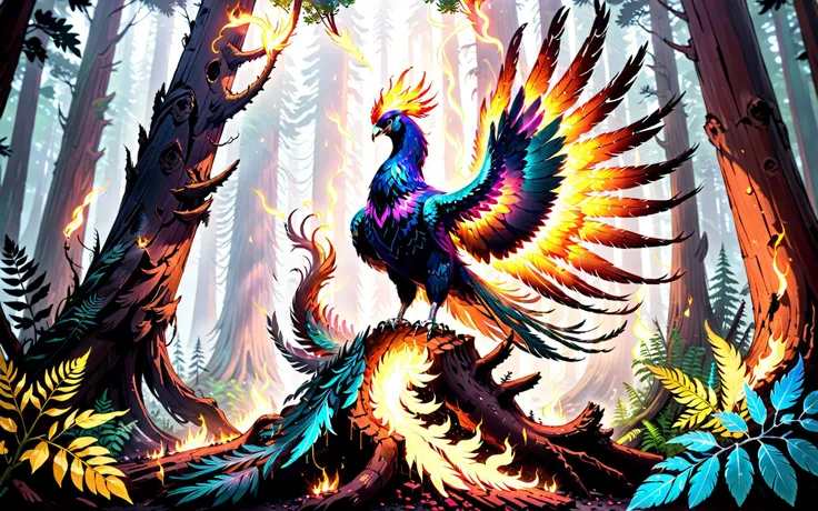 Wide angle cinematic still. ((In the style of golden ratio)). In the middle of a serene fantasy ancient sequoia redwood grove is a smoking glowing embers tree stump partially charcoal texture. On one of its long branches perched a [[flaming ethereal]] majestic phoenix. It glows gently with its heat as it looks out across its terrain. A small brook with ferns is nearby with small woodland creatures. The Tyndall effect is visible in the fog that fills the scene.,<lora:Phoenix:0.8>,((iridescent shimmering speckled feathers)),