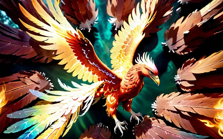 Overhead Cinematic still,drone camera,of (fireless ethereal phoenix) ,view from above, top down view, soaring over serene fantasy ancient sequoia redwood . It glows gently with its heat as it looks out across its terrain. top down satellite view,<lora:Phoenix:0.9>,((iridescent shimmering speckled feathers)),