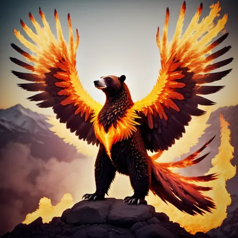 (half polar bear) half flaming phoenix, hybrid animal, flaming wings, <lora:Phoenix:0.62>