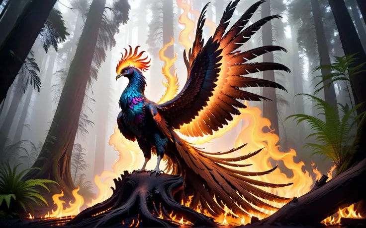 Wide angle cinematic still. ((In the style of golden ratio)). In the middle of a serene fantasy redwood grove is a smoking glowing embers tree stump partially charcoal texture. On one of its long branches perched a [[flaming ethereal]] majestic phoenix. It glows gently with its heat as it looks out across its terrain. A small brook with ferns is nearby with small woodland creatures. The Tyndall effect is visible in the fog that fills the scene.,<lora:Phoenix:0.8>,((iridescent shimmering speckled feathers)),