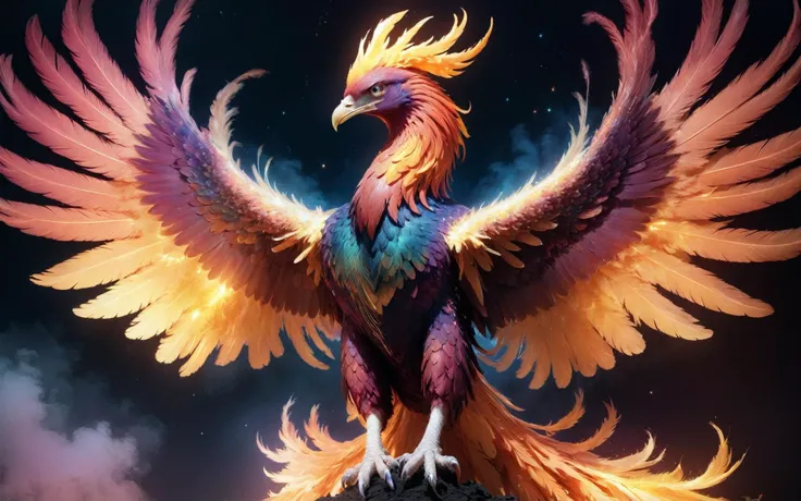 sharp talons,wide angle cinematic shot of a majestic (fireless ethereal phoenix) gracefully soaring through a starlit sky,its wings ablaze with vibrant colors,as it releases a burst of healing energy that rejuvenates a withered tree below,<lora:Phoenix:0.9>,((iridescent shimmering speckled feathers)),SimplePositiveXLv2,intricately detailed feather tips,((radiating ethereal energy)),blue hour sunset background,