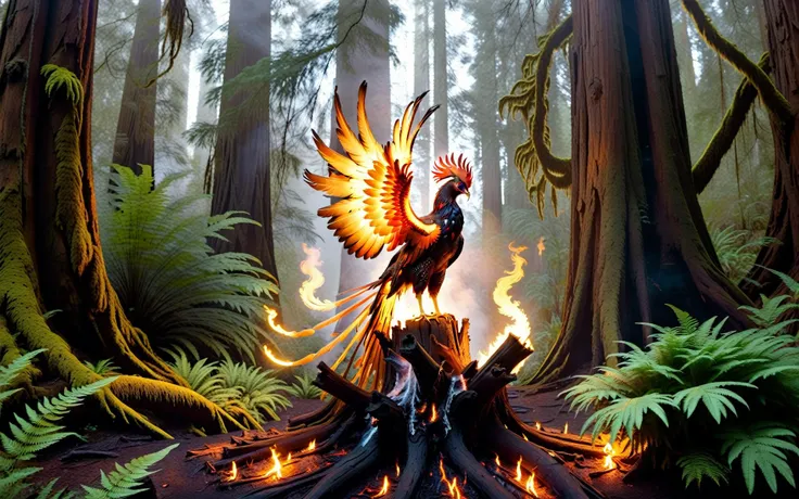 Wide angle cinematic still. ((In the style of golden ratio)). In the middle of a serene fantasy redwood grove is a smoking glowing embers tree stump partially charcoal texture. On one of its long branches perched a [[flaming ethereal]] majestic phoenix. It glows gently with its heat as it looks out across its terrain. A small brook with ferns is nearby with small woodland creatures. The Tyndall effect is visible in the fog that fills the scene.,<lora:Phoenix:0.8>,((iridescent shimmering speckled feathers)),