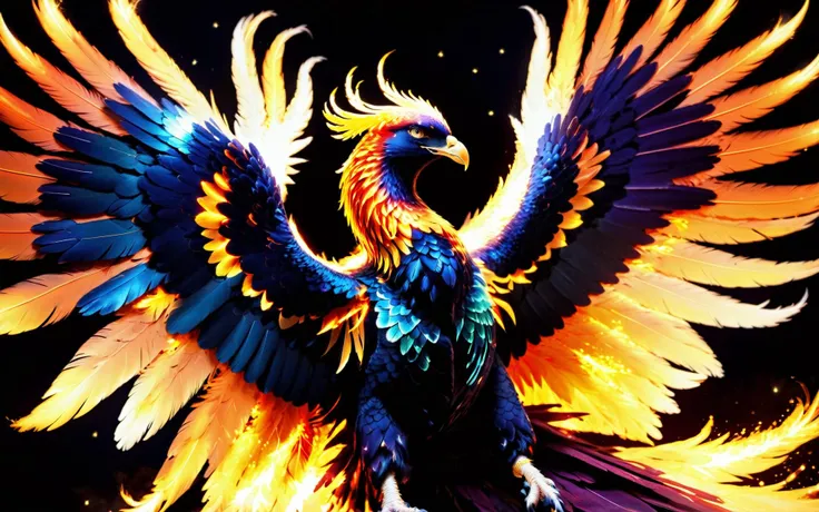 sharp talons,wide angle cinematic shot of a majestic (fireless ethereal phoenix) gracefully soaring through a starlit sky,its wings ablaze with vibrant colors,as it releases a burst of healing energy that rejuvenates a withered tree below,<lora:Phoenix:0.9>,((iridescent shimmering speckled feathers)),SimplePositiveXLv2,intricately detailed feather tips,((radiating ethereal energy)),blue hour sunset background,