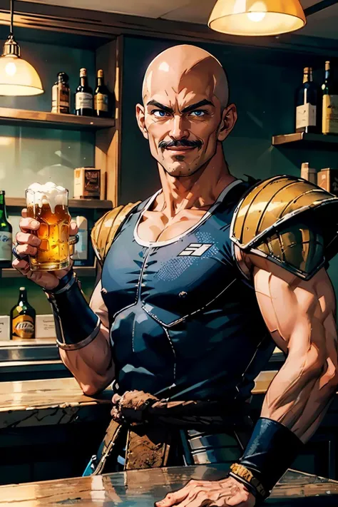 napa, bald, black eyes, mustache, muscular, dark blue saiyan armor, dark blue vambraces, dark blue boots, faulds, black briefs, tail around waist, looking at viewer, smiling, happy, upper body shot, sitting, inside a bar, counter, shelves full of bottles, holding  a pint of beer, dark, neon lighting,  extreme detail, masterpiece,  <lora:nappa_v1:.8>