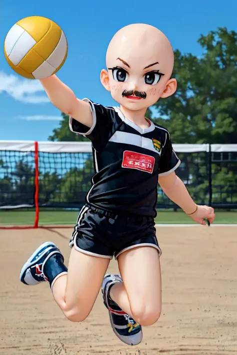 nappa,1boy,male focus, (AS-YoungestV2:1.5),full body, solo, (bald:1.2, black eyes, mustache:1.5), playing beach volleyball,beach,(jumping:1.3), volleyball uniform, black shorts, black t-shirt, volleyball net,outdoors, ocean,(ball), <lora:nappa_v1:1>