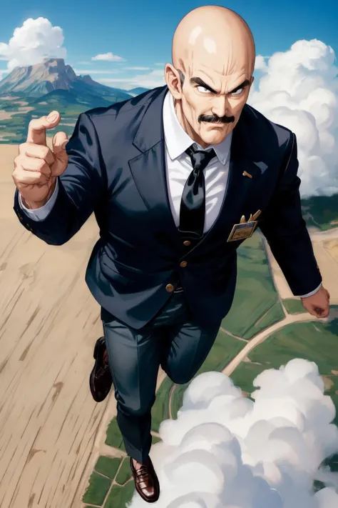 nappa, 1boy, bald,male focus,solo,(flying high in the air:1.2),black eyes,grey suit, (grey blazer), grey pants, white collared shirt, black necktie,black shoes, (mustache),sky, cloud, (best quality, masterpiece) <lora:nappa_v1:1>