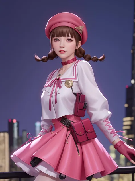 CFqingyaQF, 1girl, solo,twin braids, fingerless gloves, brown hair, pink skirt,looking at viewer, bangs,pink beret, choker,long sleeves,purple eyes, white shirt, holster,badge, <lora:CFqingyaQF:0.75>,mature female, cityscape, night, standing, arms behind back,