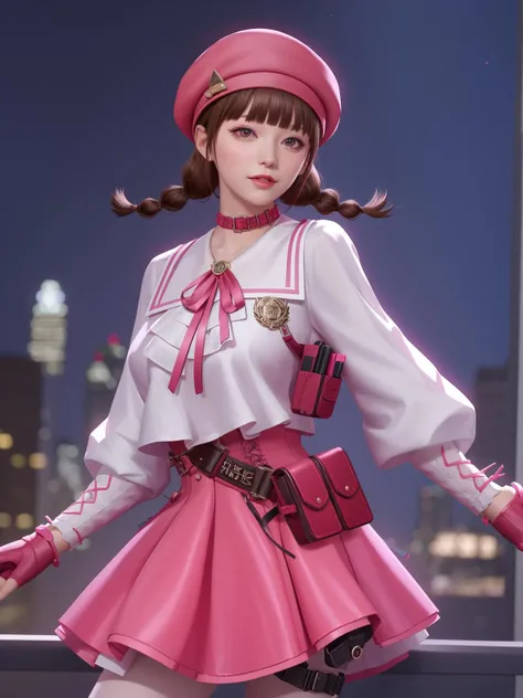 CFqingyaQF, 1girl, solo,twin braids, fingerless gloves, brown hair, pink skirt,looking at viewer, bangs,pink beret, choker,long sleeves,purple eyes, white shirt, holster,badge, <lora:CFqingyaQF:0.75>,mature female, cityscape, night, standing, arms behind back,