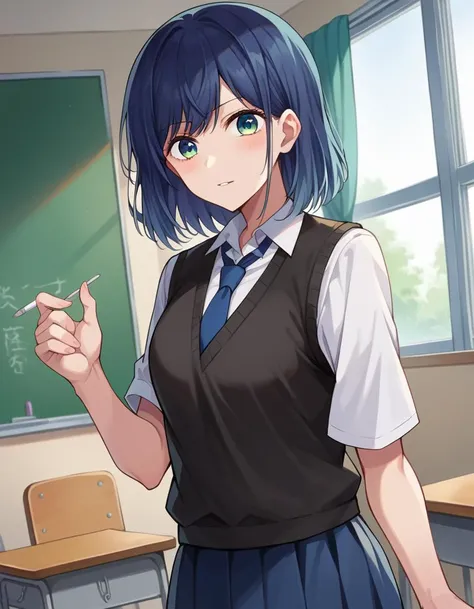 score_9, score_8_up, score_7_up, source_anime,
akanekurokawa, <lora:akane-kurokawa-ponyxl-lora-nochekaiser:1>,
akane kurokawa, bangs, green eyes, blue hair, medium hair, dark blue hair,
shirt, school uniform, white shirt, necktie, collared shirt, vest, blue necktie, skirt, blue skirt,
indoors, classroom,
looking at viewer, cowboy shot, dutch angle,