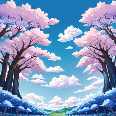 masterpiece, best quality, highres, absurdres, ultradetailed, a forest of sakura trees, natural landscape background with mapple trees, bright blue sky, clouds, wide angle,