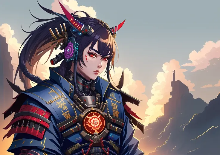 masterpiece, best quality, highres, absurdres, ultradetailed, a cyberpunk samurai in a futuristic armor, intricate details, dystopian background