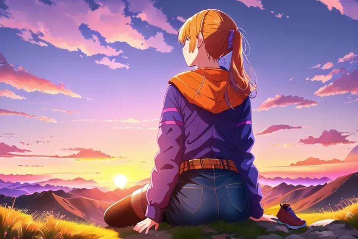 (Shot from behind:1.1) of a girl sitting a the top of a mountain (looking up:1.1) at the sky in the foreground, head tilted back, natural landscape background, sun setting, orange and purple hue sky, ultradetailed, ultra realistic, highres, superb, colorful, relaxed, (back shot:1.1), (low angle shot:1.1)