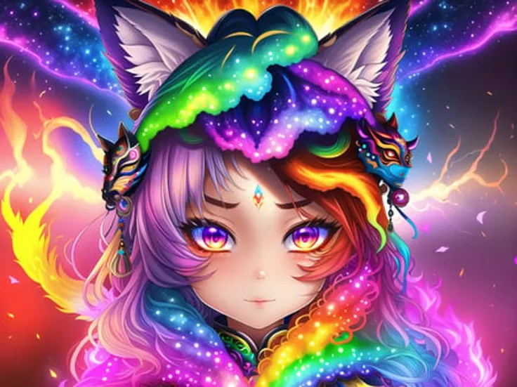 masterpiece, best quality, highres, absurdres, ultradetailed, psychedelic nebula explosion with rainbowy colors forming a (kitsune mask:1.1) on a girl