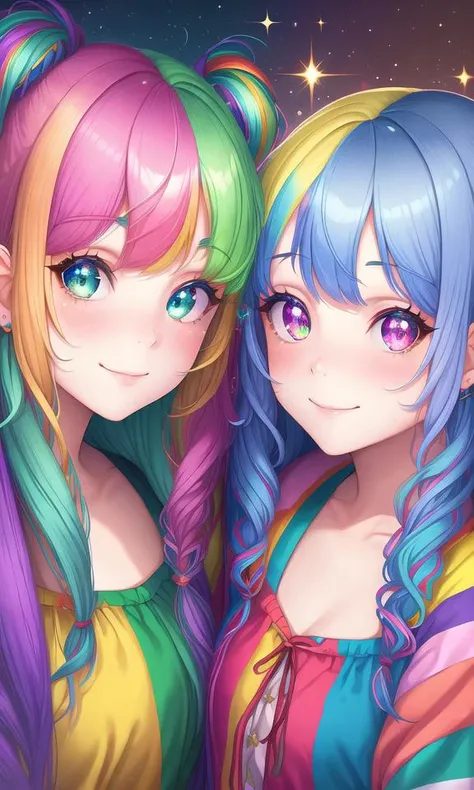 masterpiece, best quality, highres, absurdres, ultradetailed, psychedelic, 2girl, digital portrait of two twin sisters, rainbow color hair, sparkling eyes, slight blush, beautiful smiles