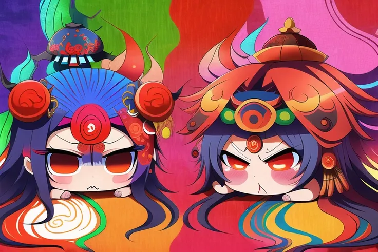 masterpiece, best quality, highres, absurdres, ultradetailed, psychedelic, chibi style++, goddess izanami and goddess amaterasu, blushing amaterasu, annoyed Izanami, angry izanami, pastal colored soft background