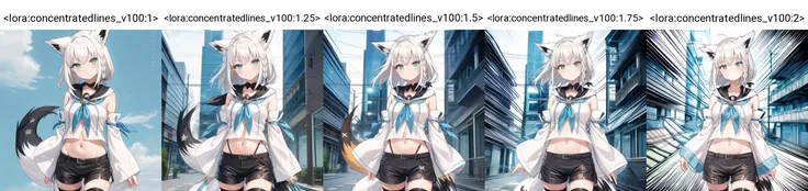<lora:add_brightness:0.5><lora:add_detail:0.5> 
<lora:concentratedlines_v100:1> simple background,
<lora:fubuki:1>(fox tail:1.2),fubuki, white blouse, [midriff::12], detached sleeves, black short shorts, blue neckerchief, thigh strap, single thighhigh, white hair, single side braid,
cowboy shot,