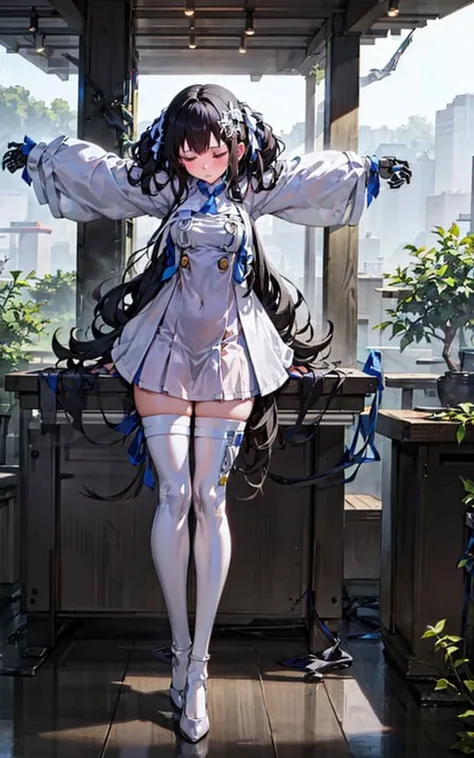masterpiece,1girl,solo,crucifixion:1.3, <lora:crucifixionV1-000006:1>,full body, standing:1.3,closed eyes, (mechanical arms:1.3),(mechanical legs:1.3),bound,(mechanical_hands),mecha musume, wire,factory,mecha,<lora:yetsanRuskirt-000008:0.8>,black hair, white dress,white legwear