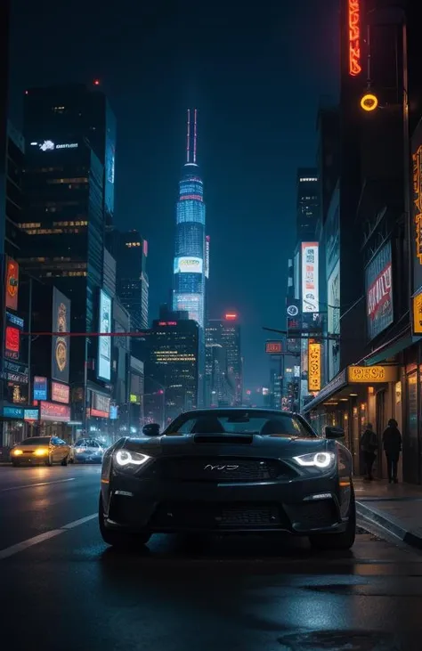 yper realistic,metal,professional photo of a futuristic muscle car with multiple modifications, large wheels, driving, cybernetic hood, cyber car parts, front pop up headlights, science fiction, sci-fi scenario, (night), natural light, cyberpunk, futuristic city, cyberpunk city, neon signs, highly detailed, (highly detailed background), multiple buildings in the background, detailed textures, wide angle, 8k, HDR, professional photoshoot, high quality photo, realistic photo, realistic shadows, detailed shadows, realistic proportions,film grain, raw photo,(front)