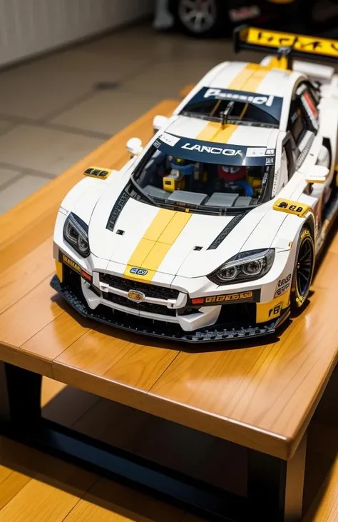 A race car made of legos on a wood table, close-up, blurry masterpiece,
