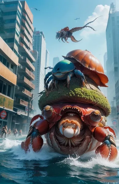 masterpiece, official art, unity 8k wallpaper, ultra detailed, beautiful and aesthetic,
(photo taken with ektachrome:1.5),(realistic:1.3) ,
(exquisitely detailed skin),
((giant monster Shark mixed hermit crab)),kaiju,
(Destroy the city at day time), sky high, (in thailand)