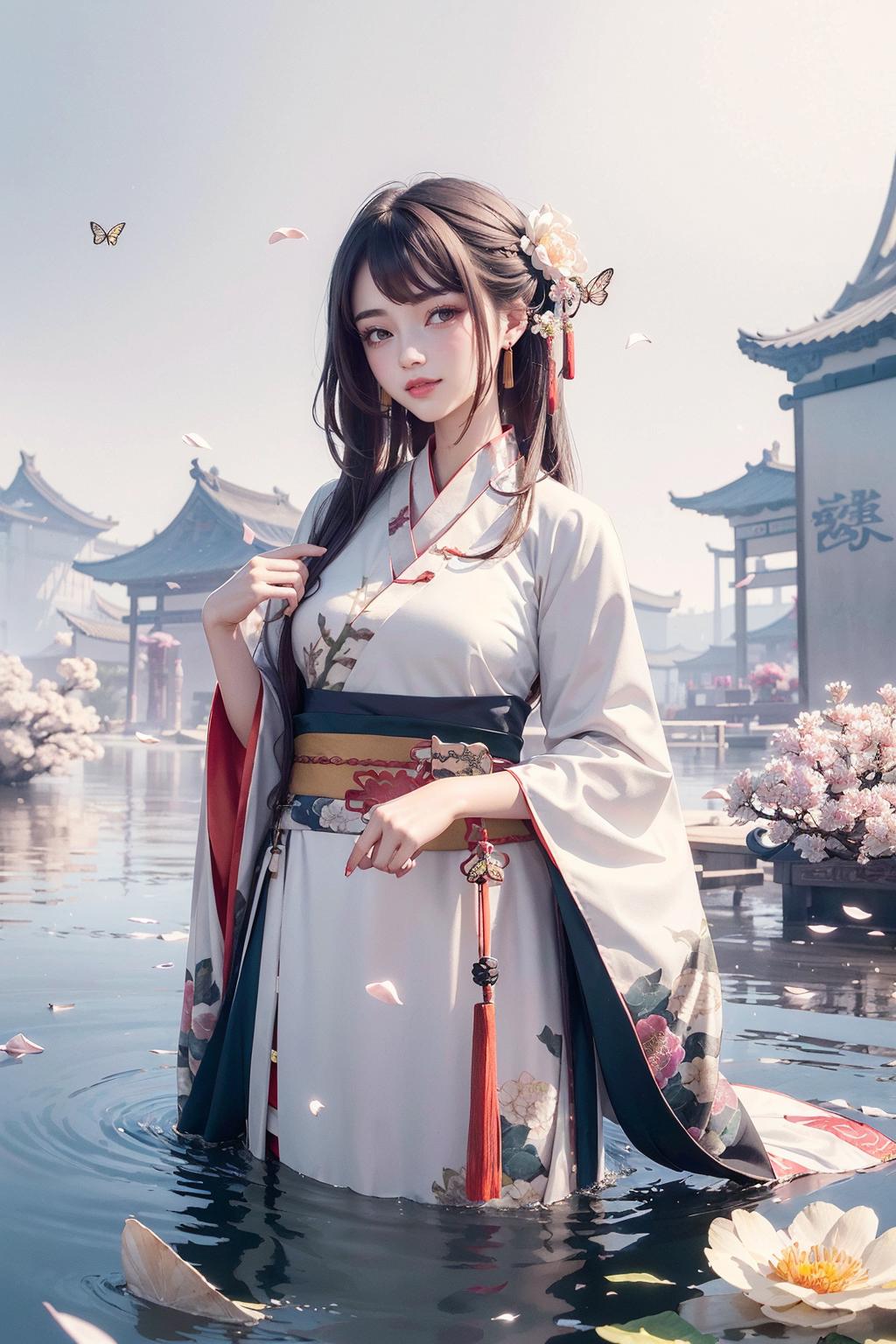 A woman in a white dress standing in a body of water - SeaArt AI